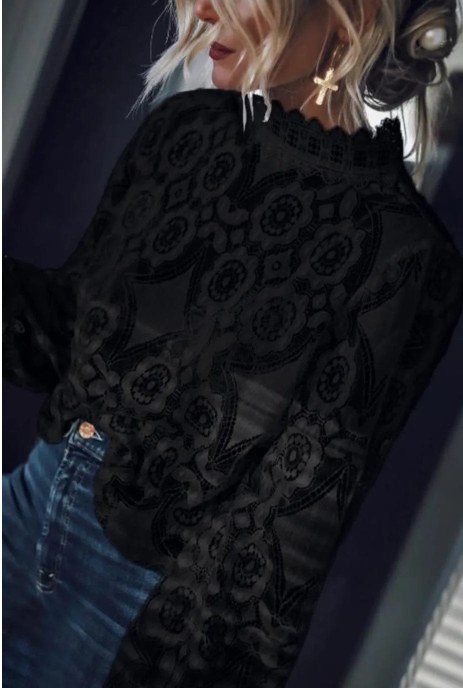 XL / Black Fashion Ladies Loose Blouse Shirts femme Stand Collar Women Lace Tops