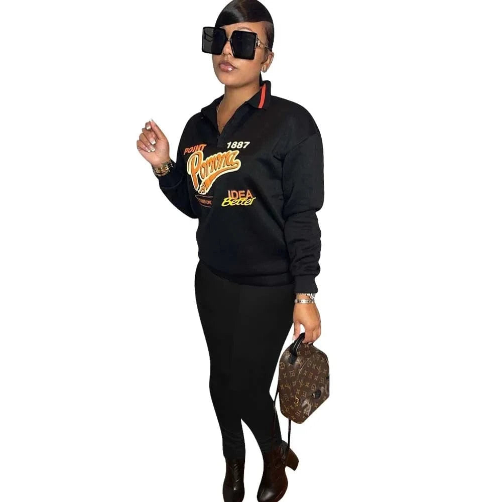 XL / Black Fashion Women Clothes 2 Piece Jogger Sets Winter Sweatshirt Print Hoodie Jogging Sets Cotton Polyester Polo Sweat Suits