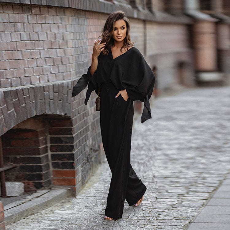 XL / Black GX0148 New 2023 spring fall fashion long sleeve V-neck shirt and wide-leg pant matching suits 2 piece set for women street wear