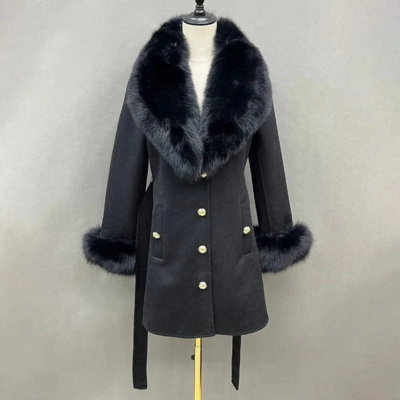 XL / Black Handmade Luxury Real Fox Fur Collar Cuffs Cashmere Coats Women Single Breasted Buttons Wool Coat