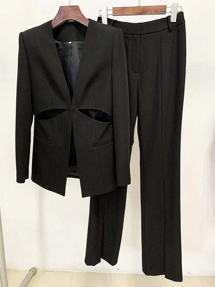 XL / Black High Quality Black Suit Women's Hollow Out Two Piece Set Blazer Long Pants Set