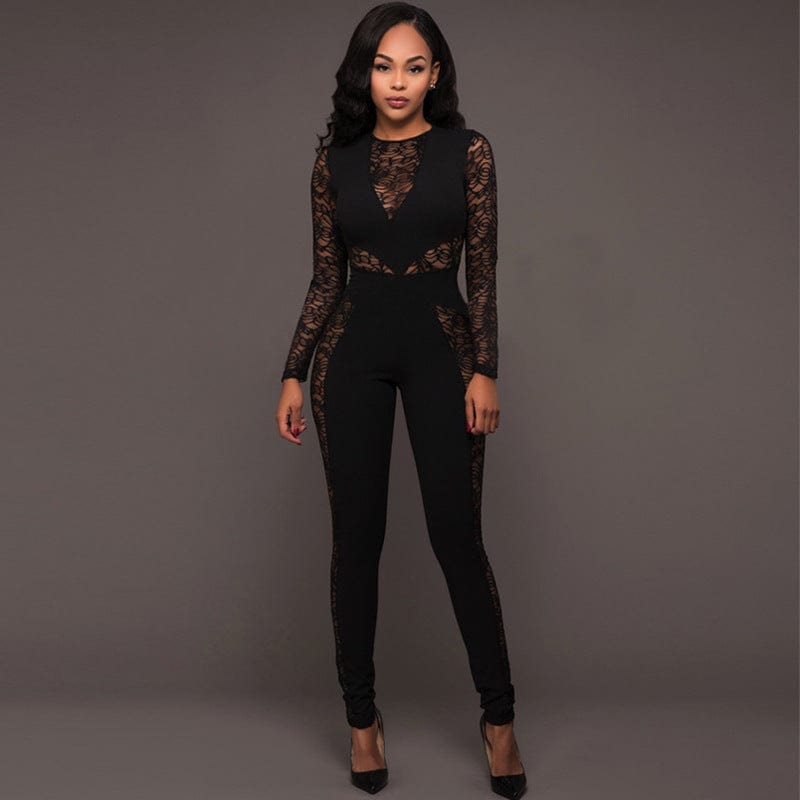 XL / black kc Fashion lace sexy backless high waist jumpsuit for women