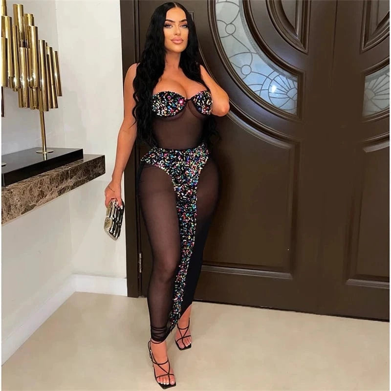 XL / Black knitted party large black mesh sheer see through sexy shiny sequin woman princess strapless sleeveless bodycon dress for women