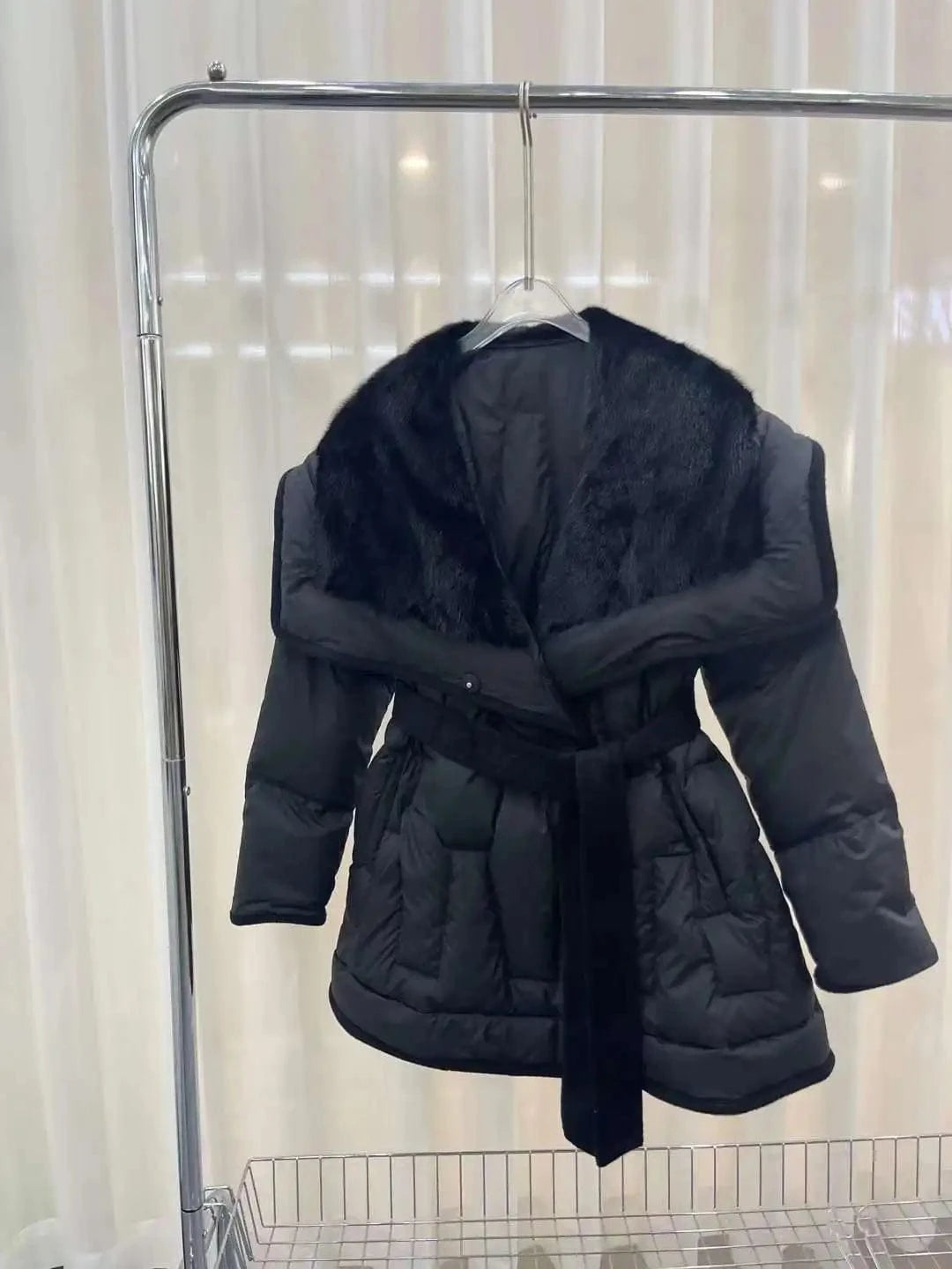 XL / Black Mink Fur Collar Goose Down Jacket Mid-Length Coat Women's Winter New Waist-Tight Leather Fur Coat