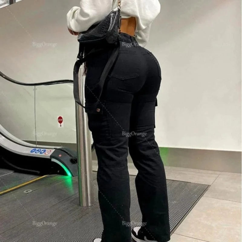 XL / Black New Arrivals Denim Jeans Women Joker Jeans Stacked Pant Girls High Waisted Jeans Women Straight Pocke Cargo Pants For Women