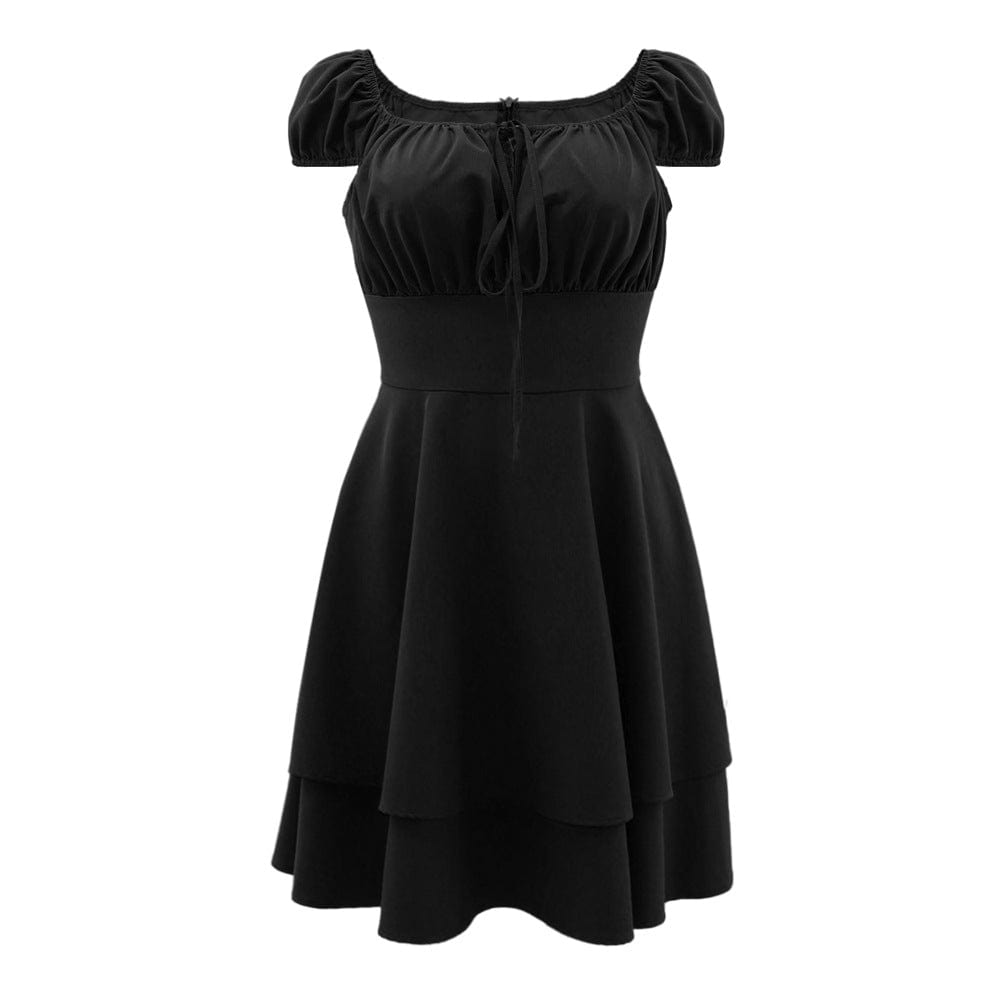 XL / black New Style Women Tie Front Square Neck Sexy Waist Ruffles Short Mini Flowy Dress Streetwear Summer Casual Dresses Ladies