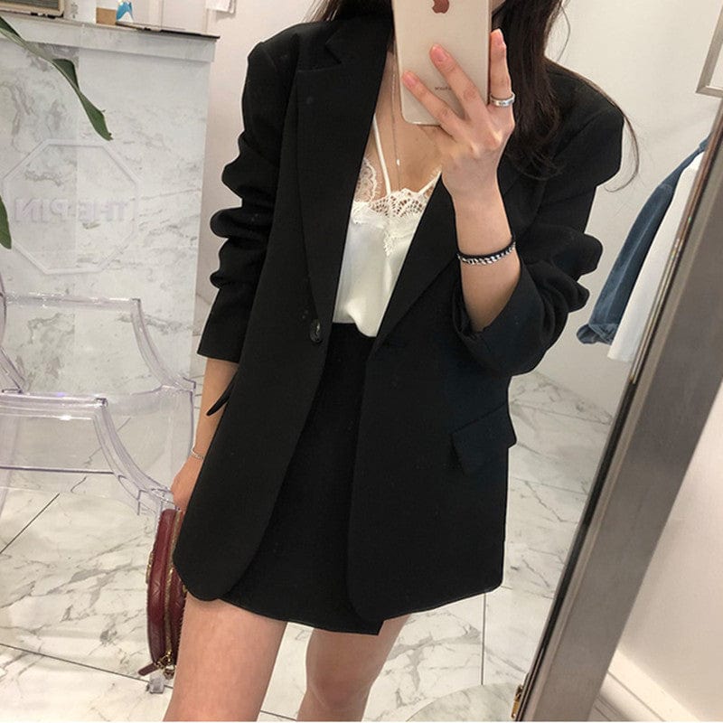 XL / black OUDINA Korean Fashion Casual Back Split One Button White Women's Jacket Ladies Blazer