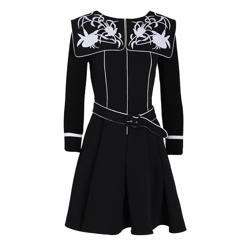 XL / Black OUDINA National Style Retro Heavy Industry Flower Embroidery Waist Dress Square Neck Design Ruffle Dresses Women