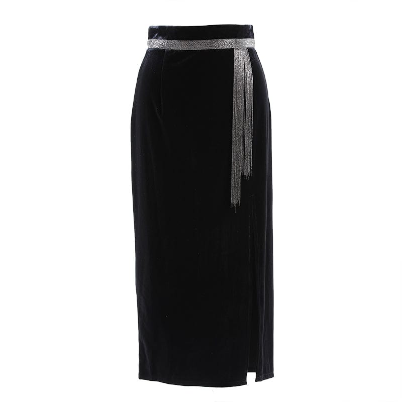 XL / Black OUDINA New Arrivals Velvet Vintage Casual midi Long Pencil Women Office Skirts For Ladies Vintage Skirt