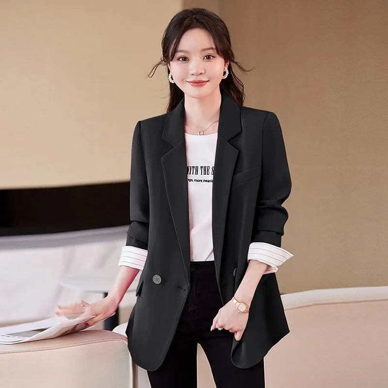 XL / Black S-4XL contrasting color lazy style sweet cool women's jacket Back slit design striped patchwork small suit