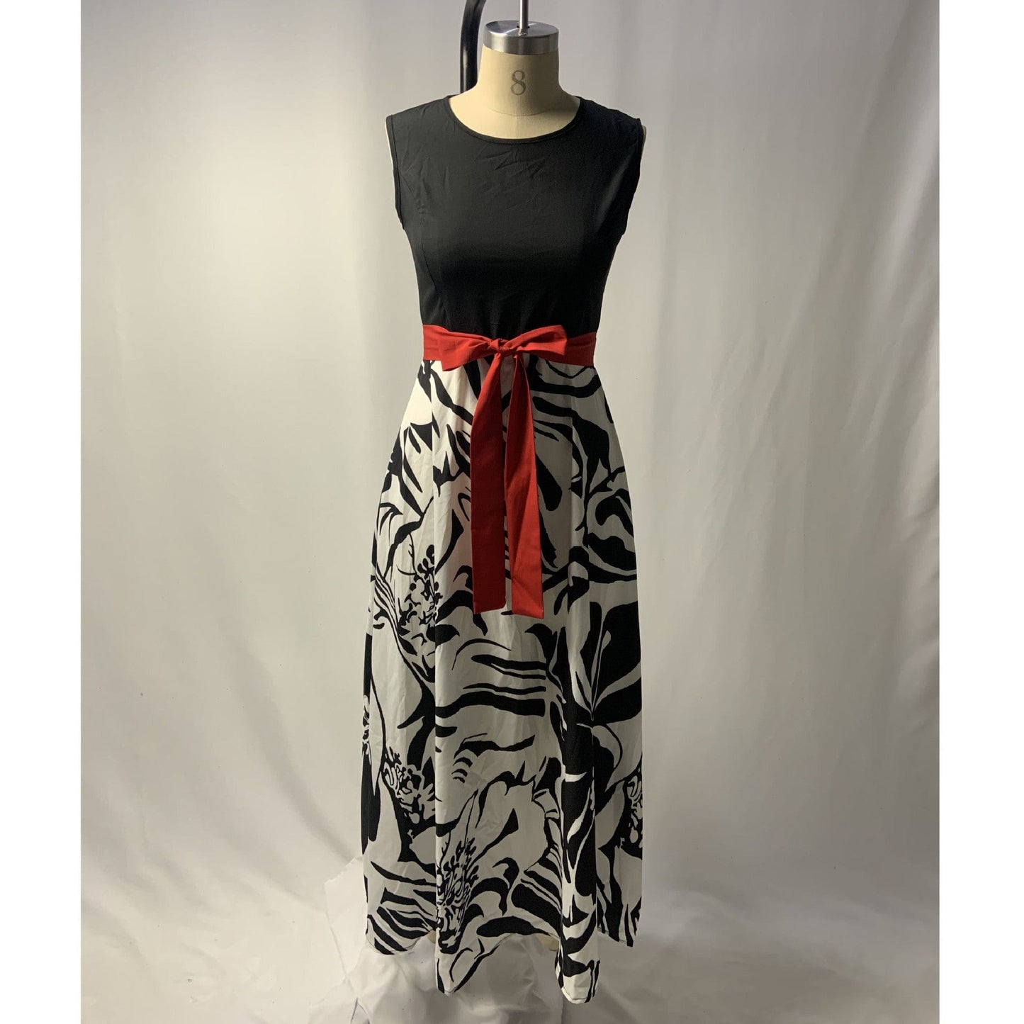 XL / black S to 5XL New Spring/Summer Sleeveless Printed High Waist Belt Maxi Elegant Dress For Fat Women