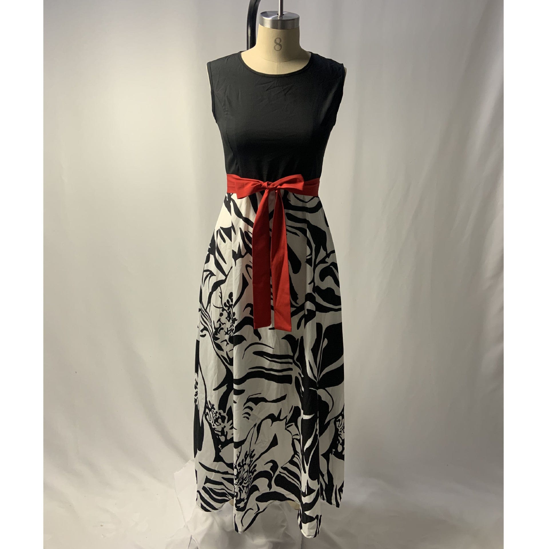 XL / black S to 5XL New Spring/Summer Sleeveless Printed High Waist Belt Maxi Elegant Dress For Fat Women