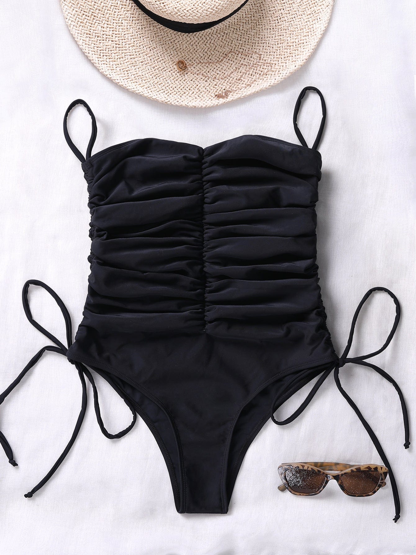 XL / black Sexy Bodysuit Black Off The Shoulder Swimwear Women One-Piece Whole Swimsuit 2023 New Ruched Lace Up Drawstring Bikini Bath Suit
