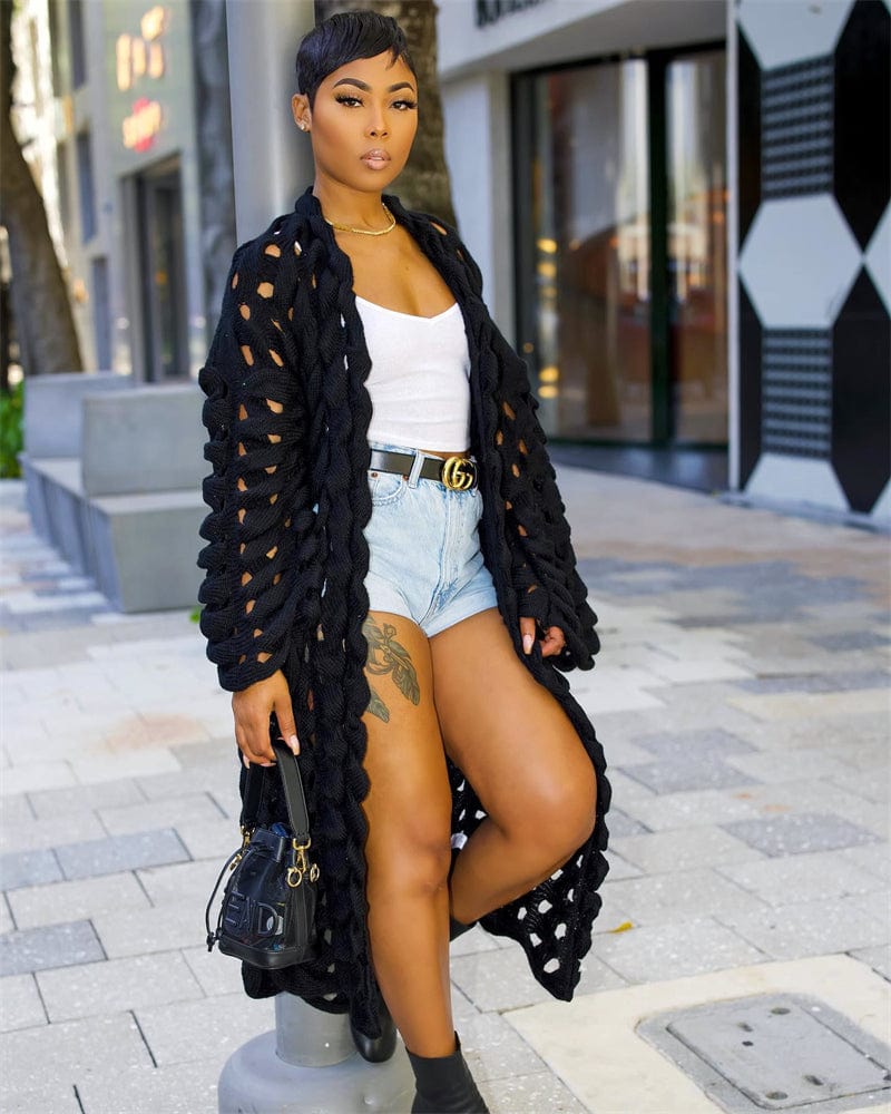 XL / black spring 2023 casual pink women ladies black long crochet bohemian cardigan pattern women crochet sweater clothing for women