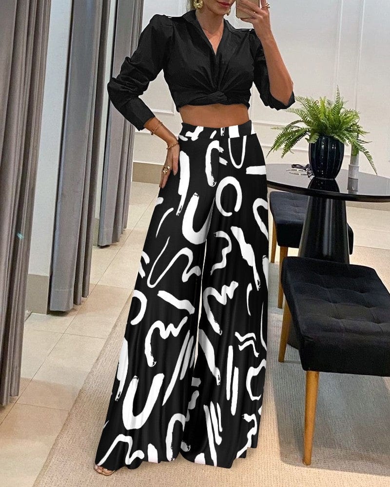 XL / black spring fall womens clothes women casual Temperament commuter long sleeve loose print shirt top wide leg pants two piece lady set