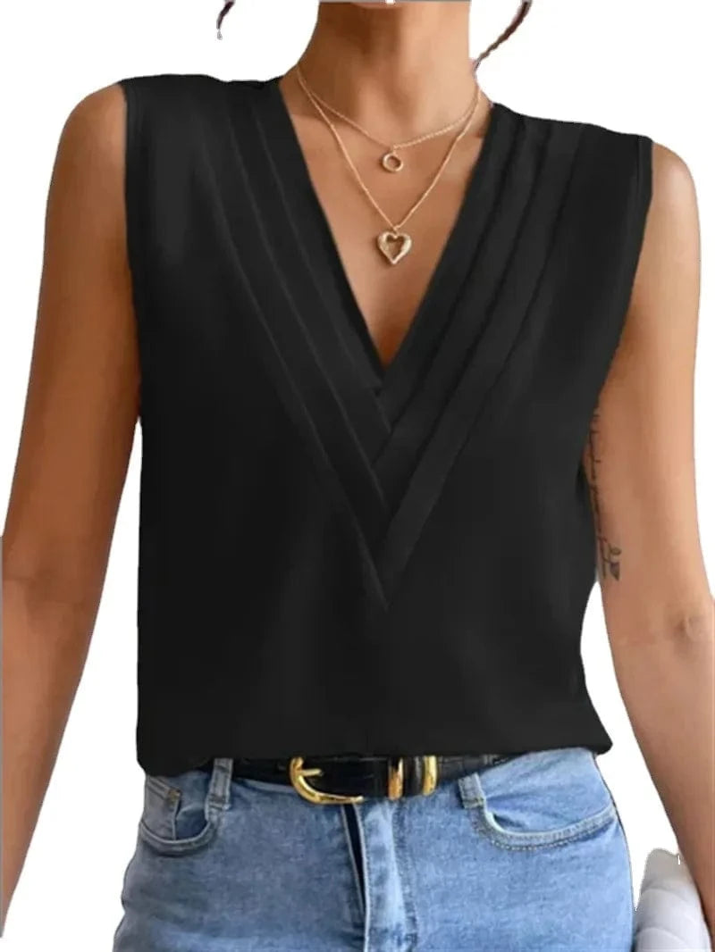 XL / Black Summer Casual Loose Women's Tank Tops Sleeveless V-neck Custom Vest Solid Color Pleated Vest For Women