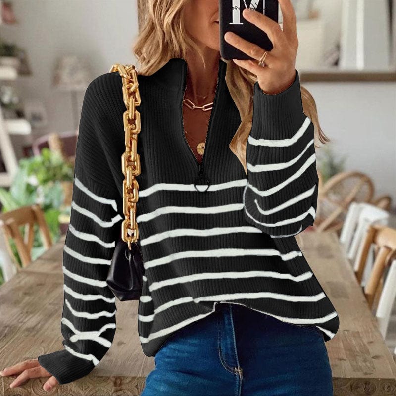 XL / black Sweater Turtleneck Autumn Winter New Striped Color Matching Long-Sleeve Women's Top Zipper Pullover