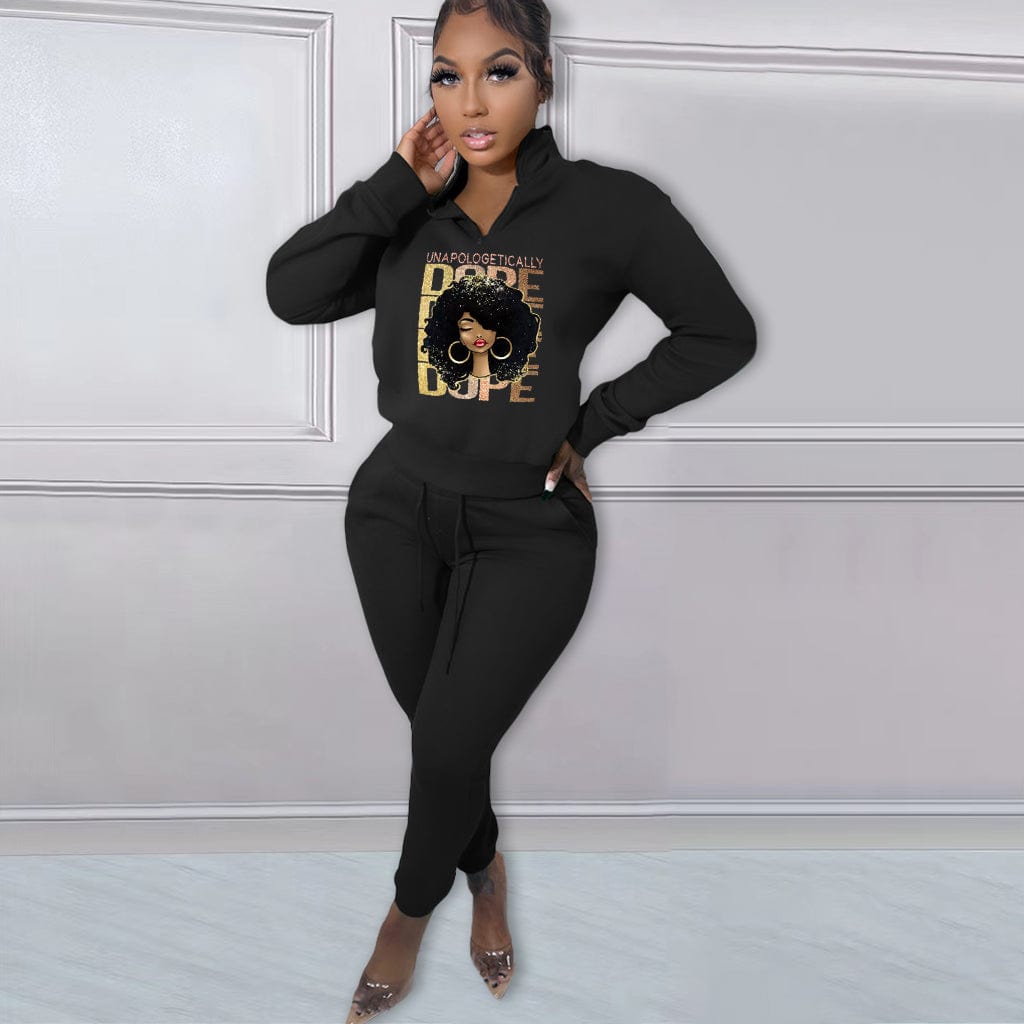 XL / black Trendy Women Clothes Autumn/Winter Printed Pattern Fleece Pullover Zipper High Neck Casual Sports 2 Pieces