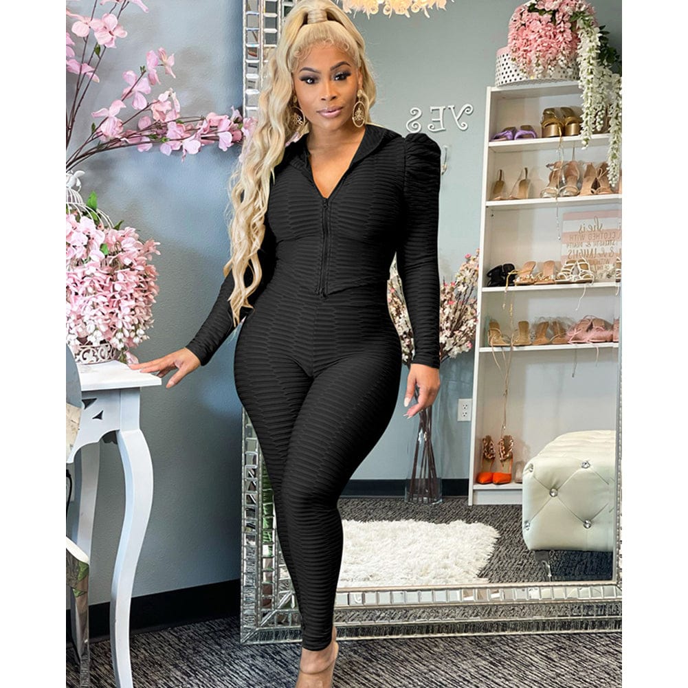 XL / black Trendy Women Clothes Stylish Women Long Sleeves Zipper Solid Patchwork Bodycon 2pcs Outfits