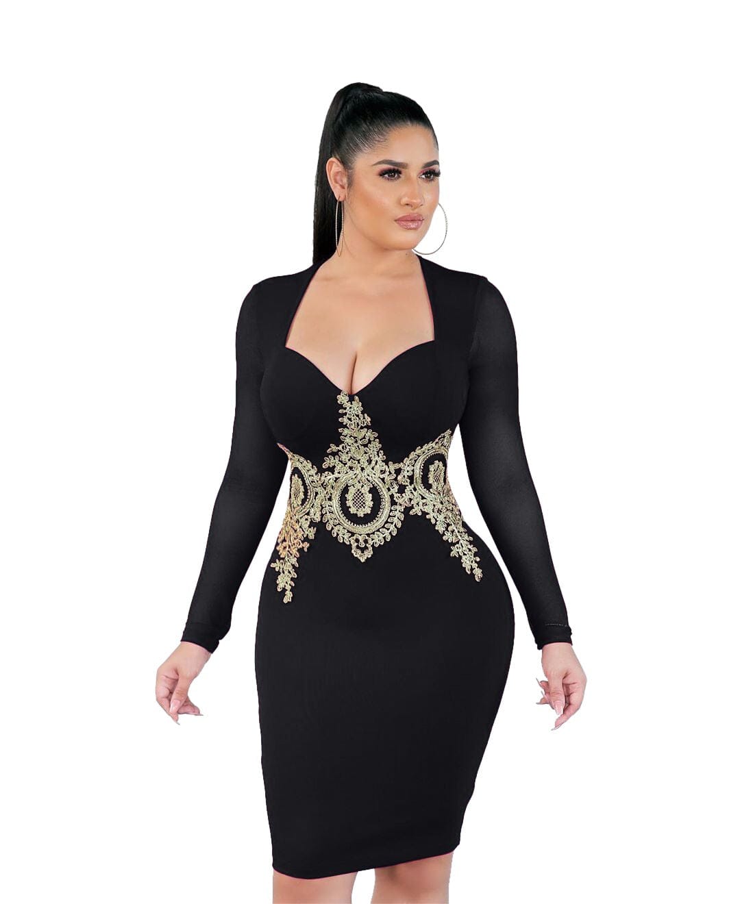 XL / black Wholesale Latest New Design V Neck Women Knee-Length Sexy Spring Bodycon Long Sleeve Dress