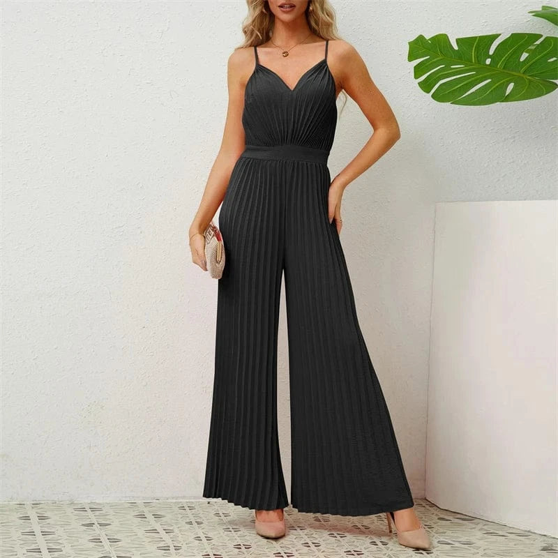 XL / Black wholesale spring summer 2024 ladies female women solid sleeveless one piece pleated full romper bodysuit jumpsuit for women