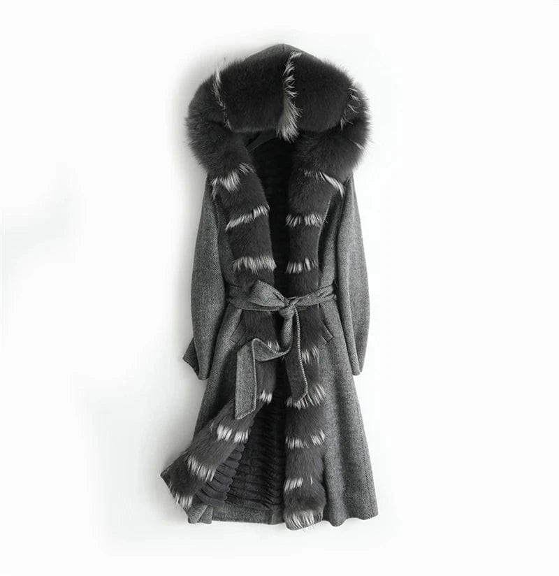 XL / Black Women real wool coat lady rabbit fur lining fox fur collar jacket female Fall/Winter fur long outwear ZY18170