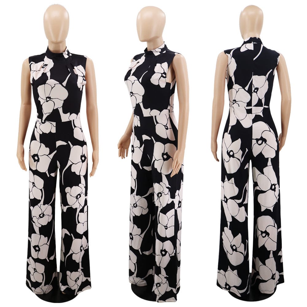 XL / black women sleeveless printed wide leg casual jumpsuit