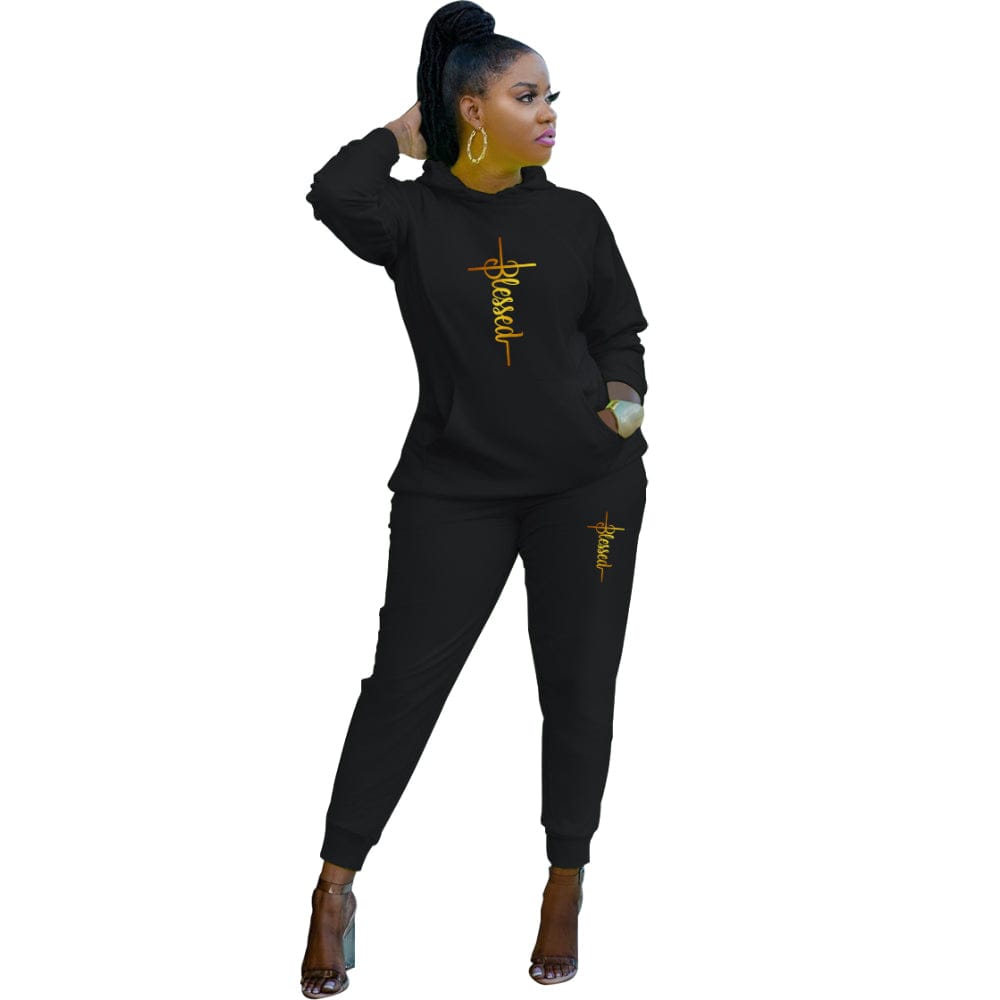XL / black Women Tracksuit  Casual Women Clothing Set Autumn Pocketed Printed Drawstring Hooded Collar Long Sleeve Two Pieces
