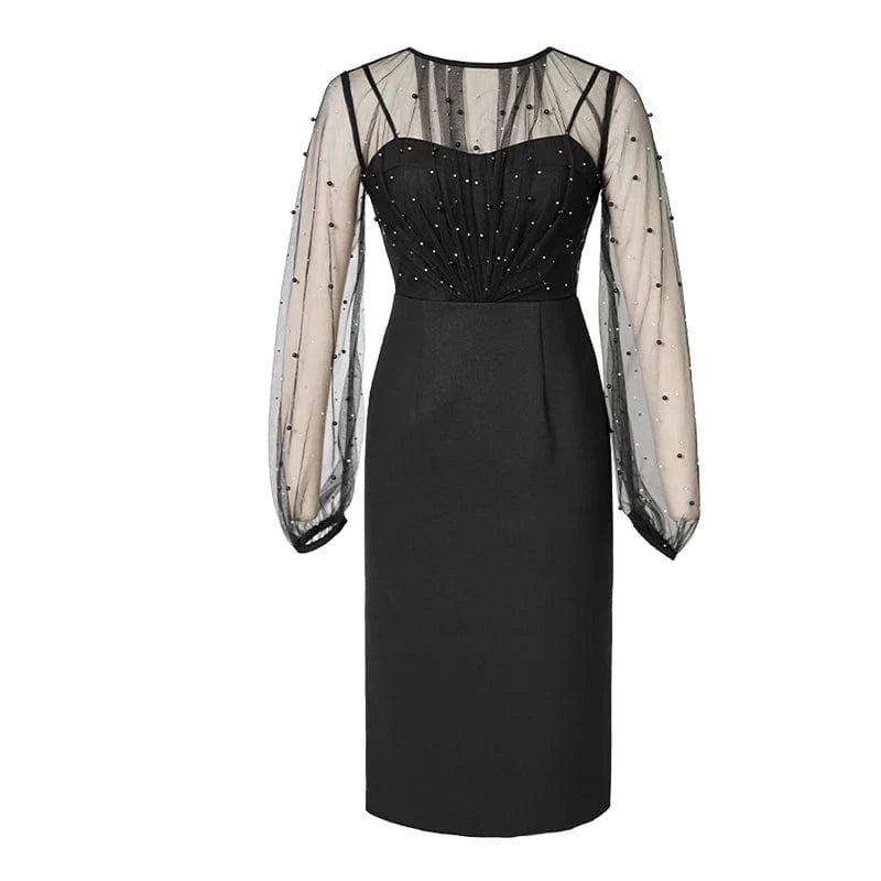 XL / Black ZYHT 20876 Sexy Ladies Shiny Sequins Pearls Casual Evening Dress Perspective Puff Sleeve Mesh Patchwork Dress