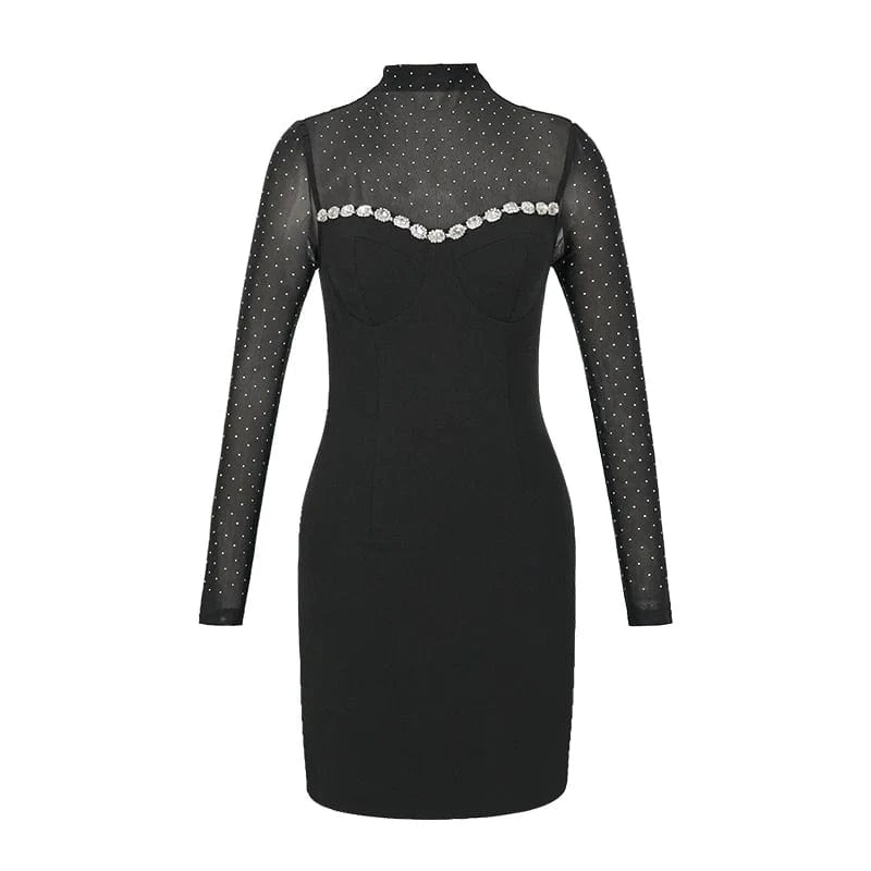 XL / Black ZYHT 21038 Stand Collar Perspective Black Casual Polka Dot Women's Dress Rhinestone Decor Simple Short Dress