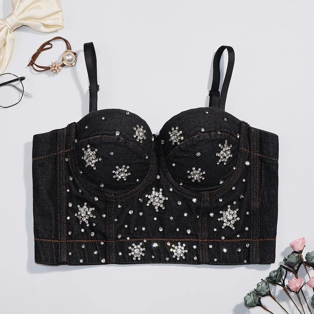 XL / Black2 Blue Black customized shiny snowflake diamond pattern denim women's underwear