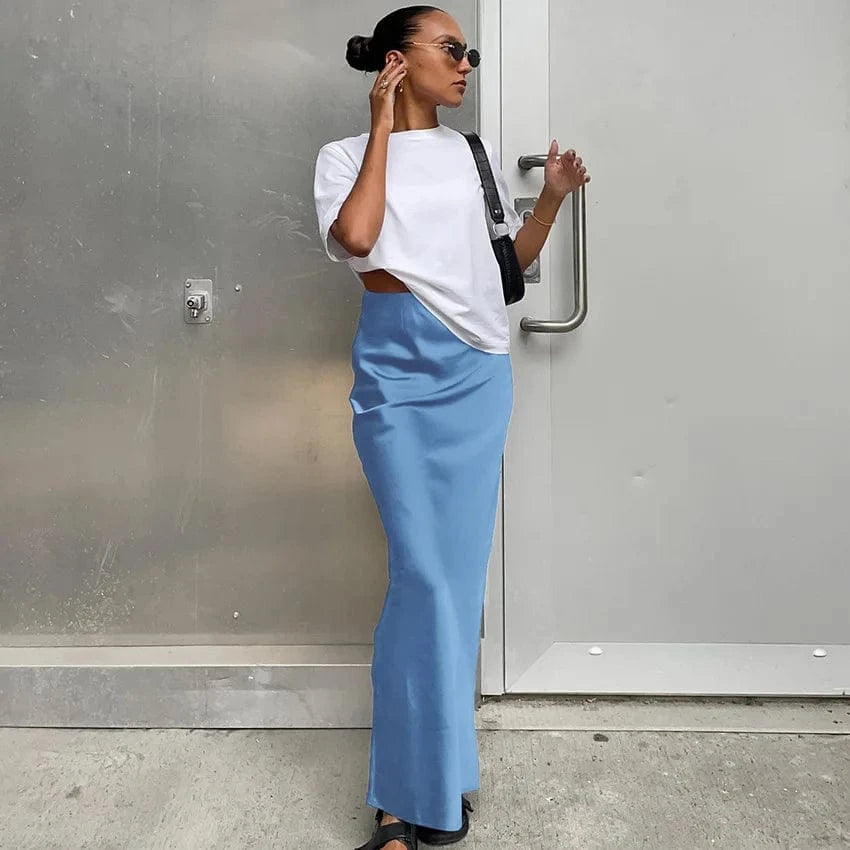 XL / Blue 2023 Autumn women's Black skirt women's French Satin drooping Fishtail skirt Long skirt