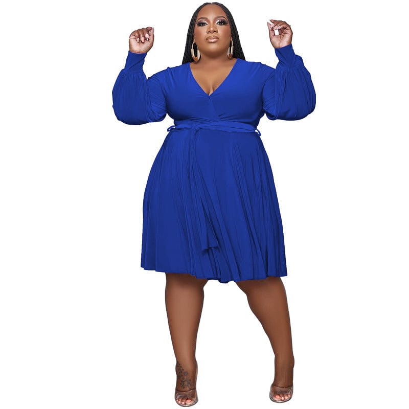 XL / Blue 2023 New Arrivals Spring Women Clothing Solid Color V Neck Lace Up Belt Loose Casual Knee Length Knit Plus Size Dress