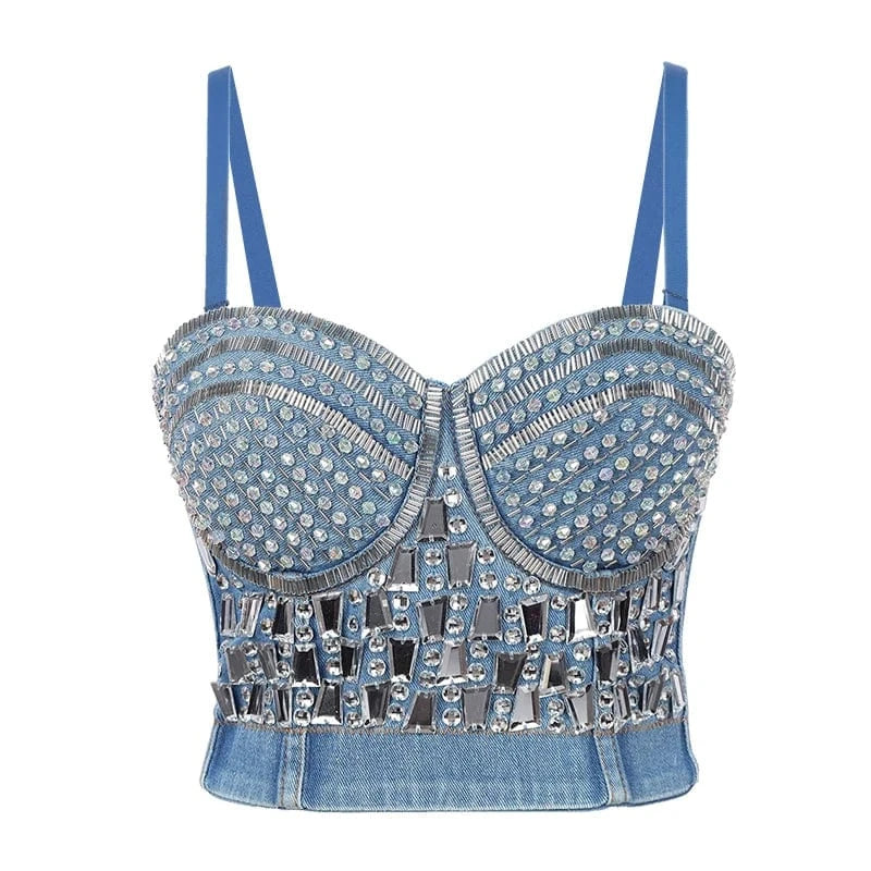 XL / Blue 2023 New style Sexy Sparkling diamond denim corset tops Snowflake corset with diamonds for women