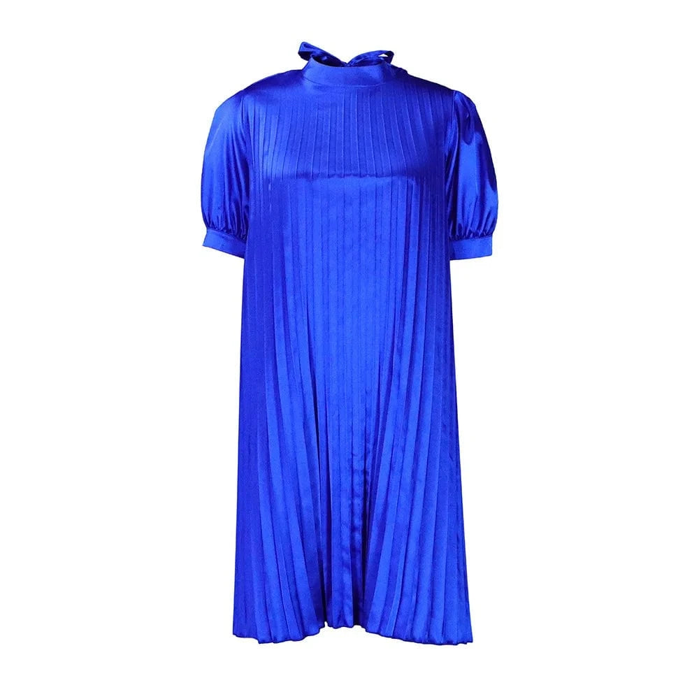 XL / Blue 2023 Summer New Fashion Loose Casual Strappy Pleated Dress Women's  Crew Neck Short Sleeves Casual Dress