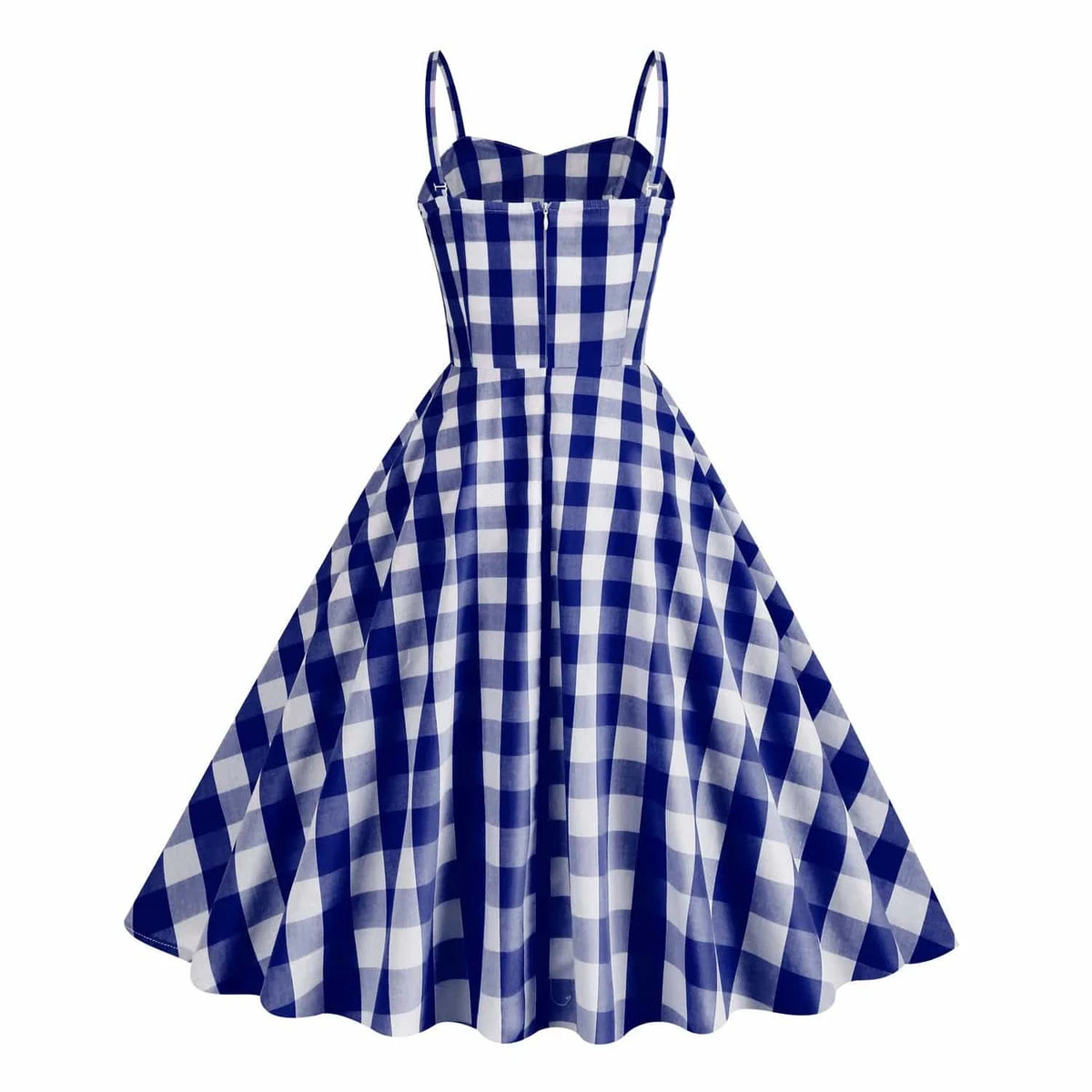 XL / Blue 2024 New Vacation  Style Retro Plaid Stripe Hanging Strap High Waist Women's Cotton Medium Length Dress