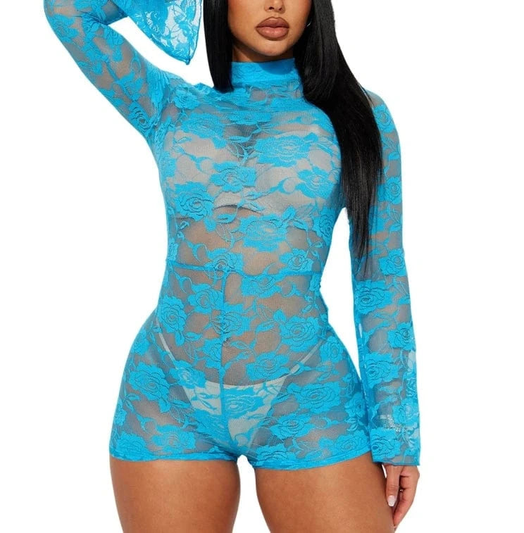 XL / Blue 2024 Sexy See Through Flower Lace Jumpsuits New Long Sleeve Women One piece Romper For Party Night Club Bodycon Outfits