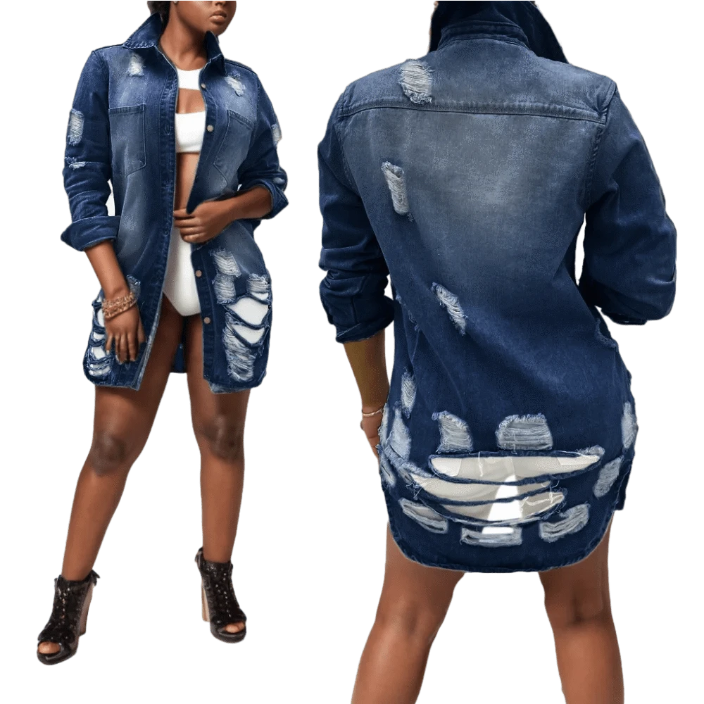 XL / Blue 20530-MX99 ripped design denim long Pocket women coats sehe fashion