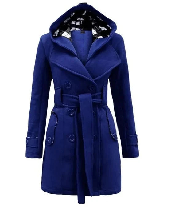 XL / Blue Autumn Winter Woollen Long Sleeve Double Breasted Long Coat Women Plaid Hooded Jacket Fashion Slim Overcoat E8753