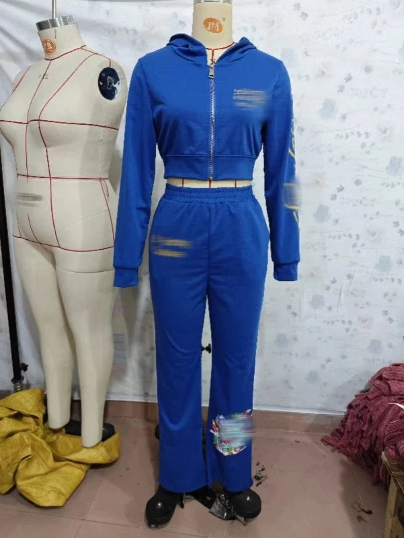 XL / Blue Autumn Women New Print Design Long Sleeve Hoodie Zipper Crop Top And Loose Long Pants Lady Streetwear Set