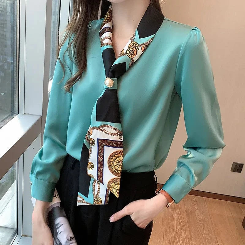 XL / Blue Blouses Female Elegant Fashion Office Lady Bow Solid Chiffon Shirts Women Clothing Spring Autumn Long Sleeve V-Neck Pullover Top