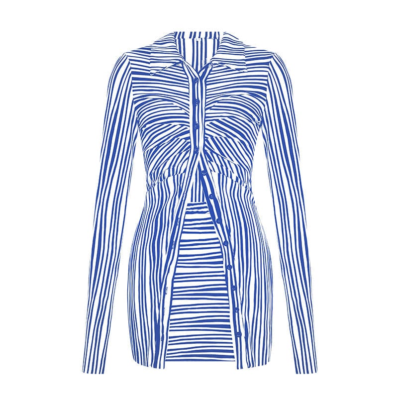 XL / Blue C1399 Spring Deep V-Neck Stripe Single breasted Shirt Fashion Mini Skirt Two Piece Sets Women