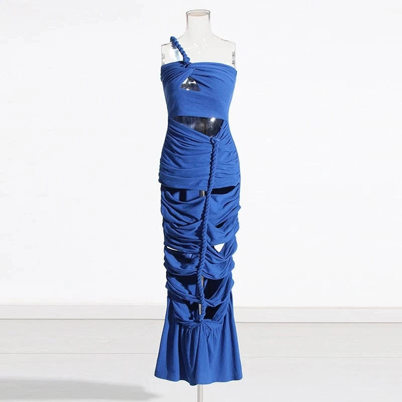 XL / Blue CHICEVER Elegant Lady Diagonal Collar Sleeveless High Waist Long Dresses Women Dress 2023