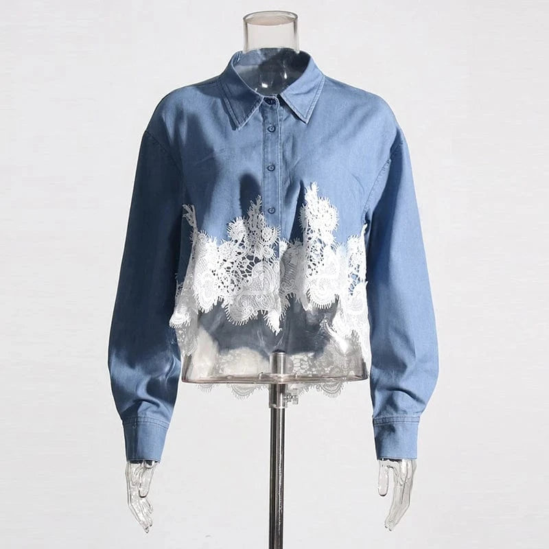XL / Blue CHICEVER Elegant Lapel Splicing Lace Long Sleeve Spliced Single Breasted Women Tops And Blouses