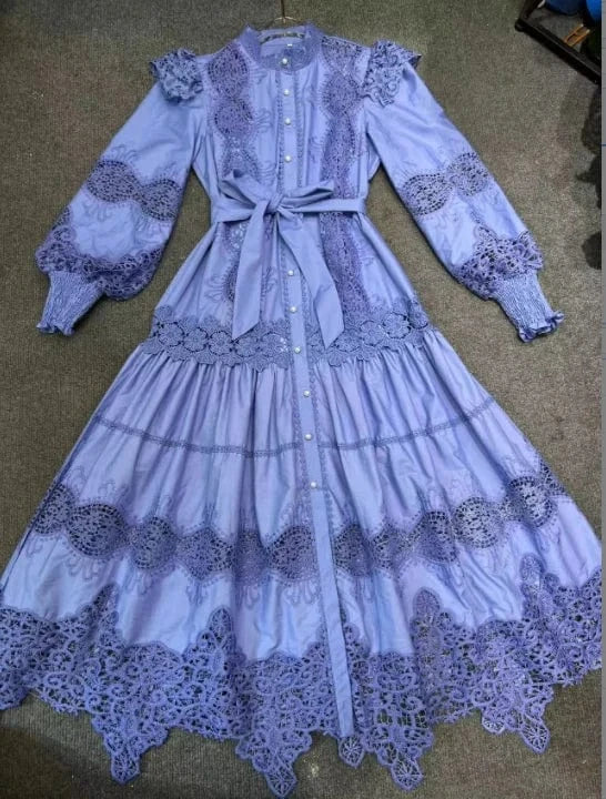 XL / Blue CHICEVER Elegant Round Neck Long Sleeve High Waist Solid Color Long Dresses Women Dress