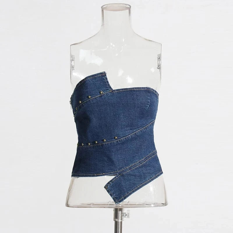 XL / Blue CHICEVER Fashion Strapless Sleeveless Backless Women's Denim Vests Top Waistcoats