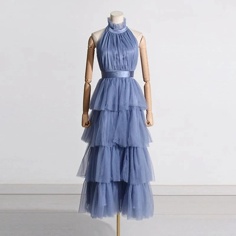 XL / Blue CHICEVER Fashionable Solid Color Halter Sleeveless High Waist Long Women's Dresses 2023