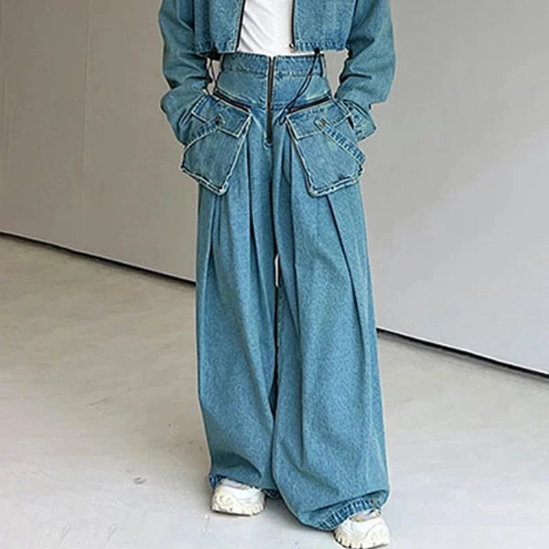 XL / Blue CHICEVER Loose Spliced Pockets High Waist Patchwork Zipper Denim Jeans Pants For Women