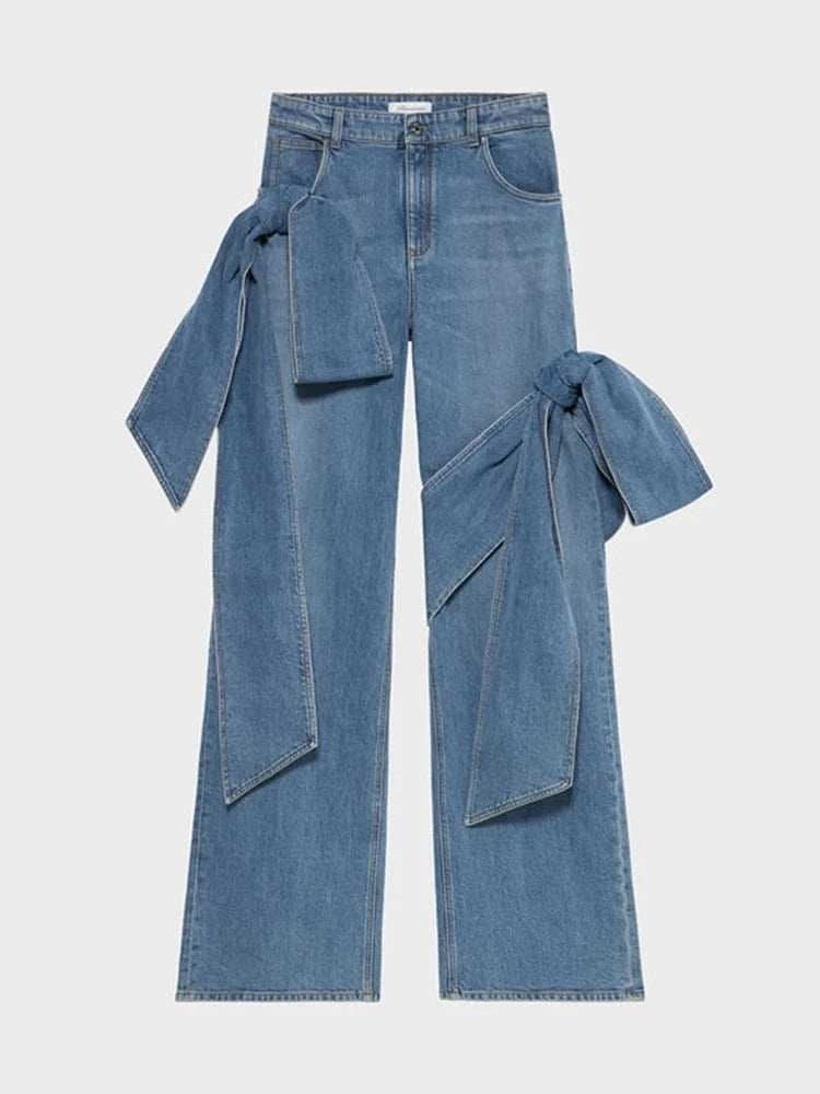 XL / Blue CHICEVER Patchwork Bow High Waist Spliced Pockets Hit Color Loose Denim Jeans For Women