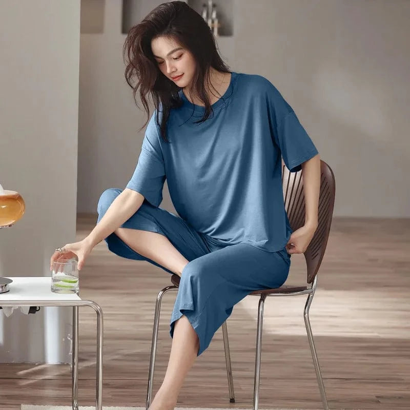 XL / Blue Cozy modal spandex crew neck short sleeve t shirt with short two piece sets lounge wear live room wearing sleeve wear